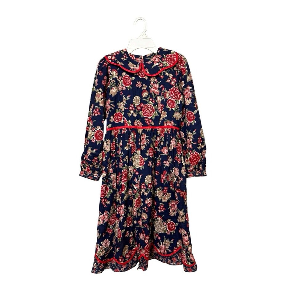 Vintage Maty Floral Prairie Dress Girls 14 Peter Pan Collar Navy